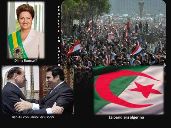 1 gennaio - Dilma Rousseff viene proclamata presidente del Brasile, prima donna a ricoprire tale incarico.<br /> 3 gennaio - A seguito dell'aumento dei prezzi del pane e dei generi alimentari, inizia la protesta in Algeria. Violenti scontri ad Algeri tra cittadini e forze di polizia, che causeranno 3 morti.<br /> 14 gennaio - In Tunisia, dopo violente proteste per i diritti civili e contro l'aumento dei prezzi dei generi alimentari, cade la dittatura di Ben Ali.<br /> 25 gennaio - In Egitto, a causa anche della caduta del regime tunisino, iniziano delle sommosse popolari contro il regime trentennale del presidente Hosni Mubarak.